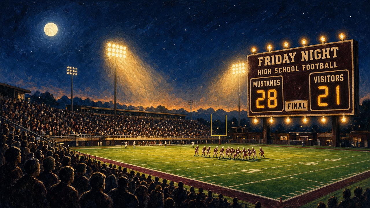 Illustrated Friday-night Texas stadium with a bulb scoreboard reading Mustangs 28, Visitors 21