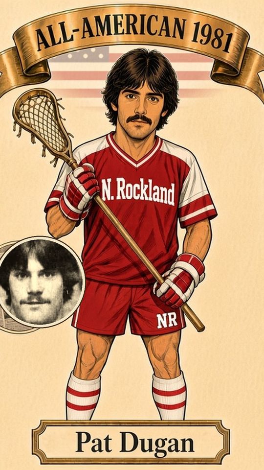 Illustrated 1981 All-American card for Pat Dugan of North Rockland in a red jersey, with his newspaper headshot
