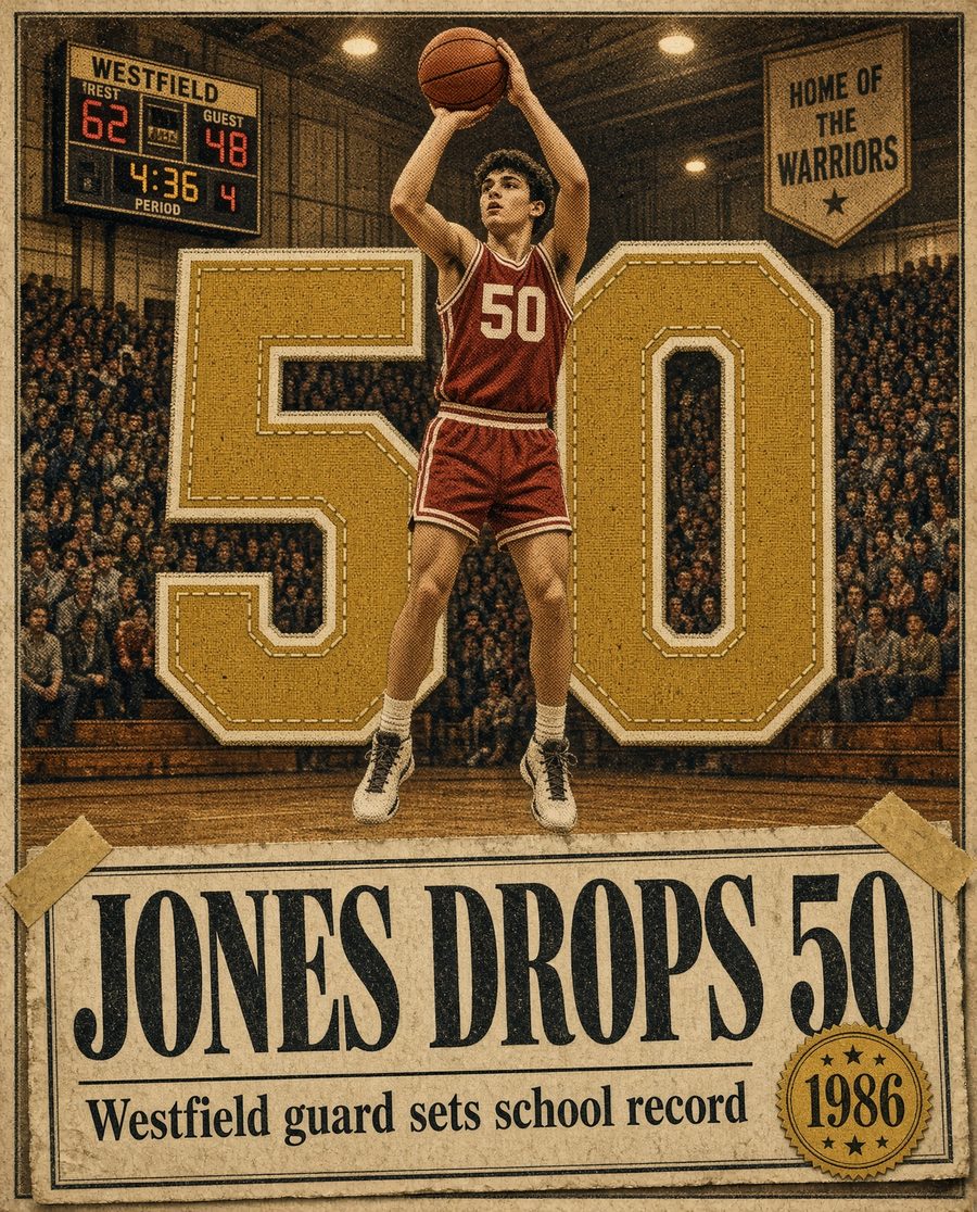 Sample big-game graphic: a 1986 guard shooting in front of giant 50 numerals, headline Jones drops 50, Westfield guard sets school record
