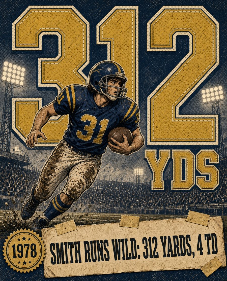 Sample big-game graphic: a 1978 running back in front of giant 312 YDS numerals, headline Smith runs wild: 312 yards, 4 TD