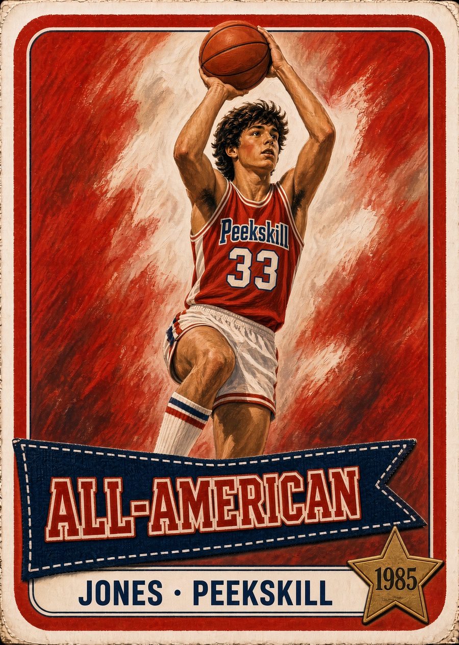 Sample illustrated basketball All-American card: a player in a red number 33 jersey shooting, nameplate Jones, Peekskill, 1985