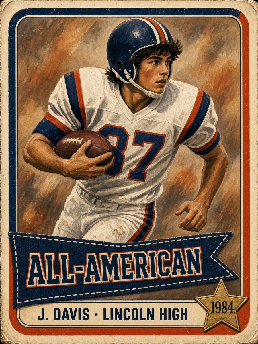 Sample illustrated football All-American card: a running back in number 37, nameplate J. Davis, Lincoln High, 1984