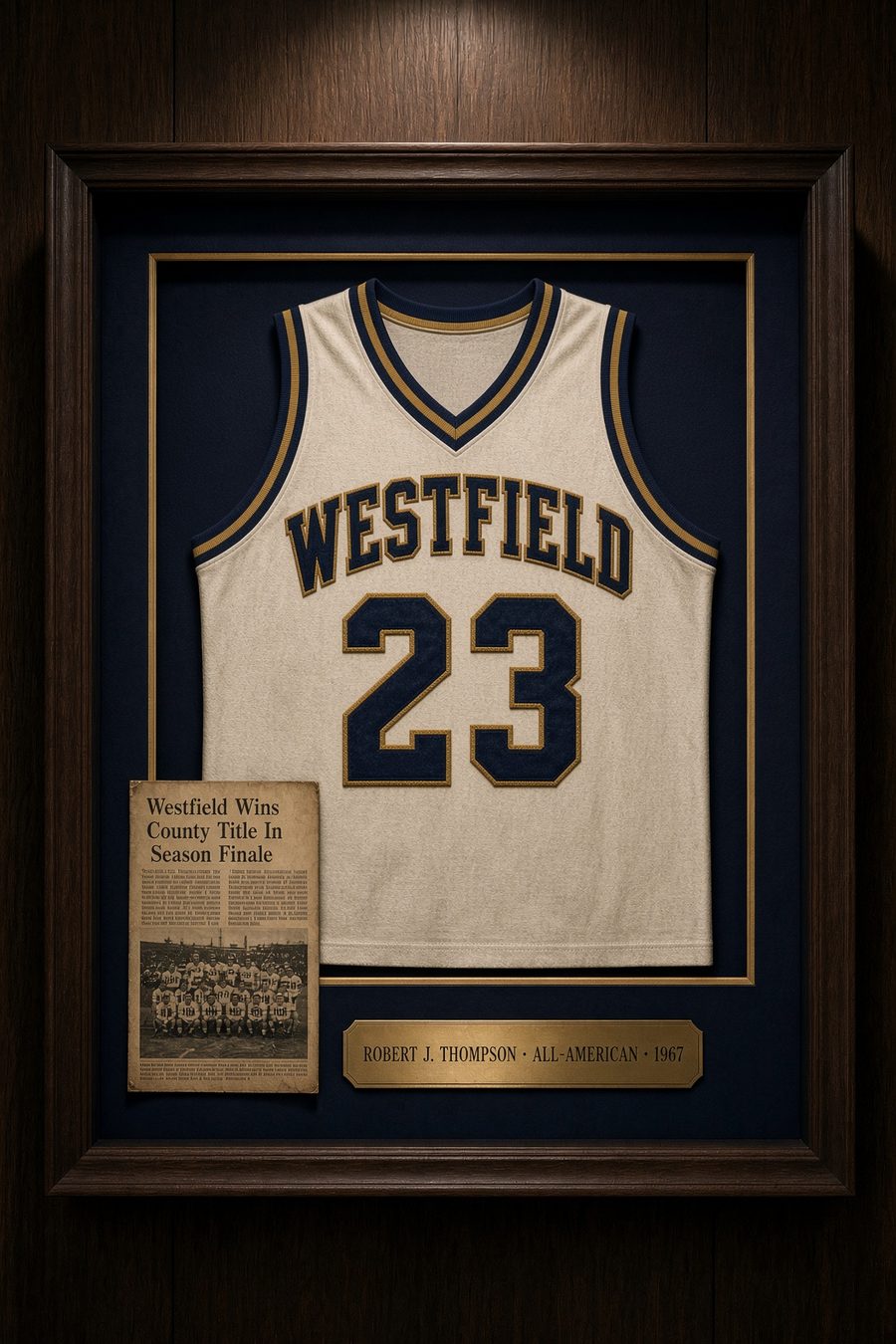 Sample framed basketball jersey, Westfield number 23, in a shadow box with a newspaper clipping and nameplate