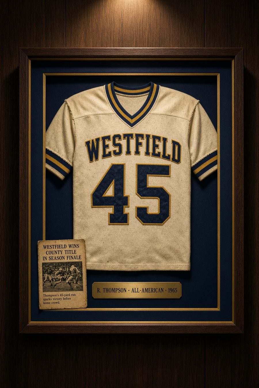 Sample framed cream football jersey, Westfield number 45, in a shadow box with a newspaper clipping and nameplate