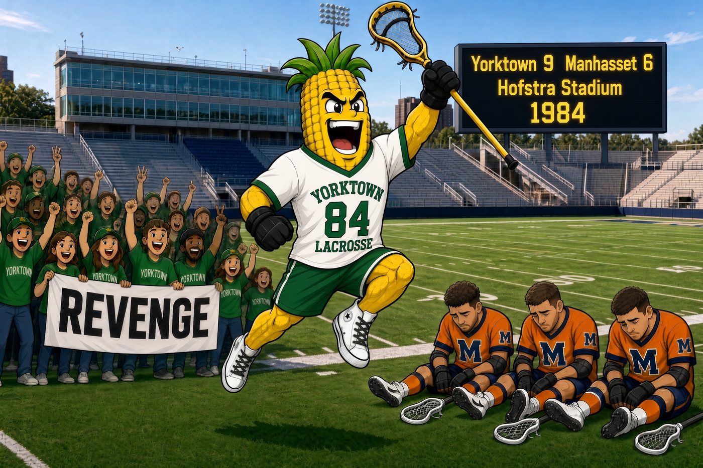 Mascot cartoon at a stadium with a Revenge banner