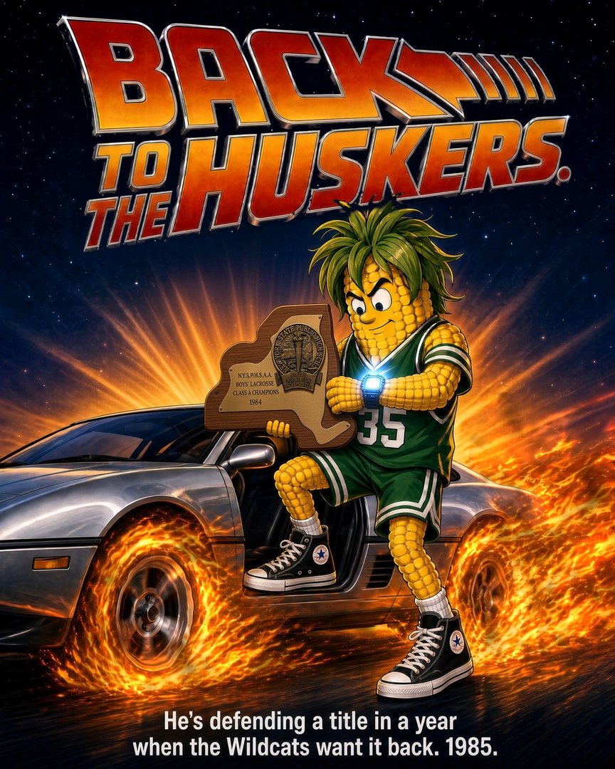 Back to the Huskers: 1985 movie-poster parody with the Yorktown corn mascot holding the 1984 state title plaque