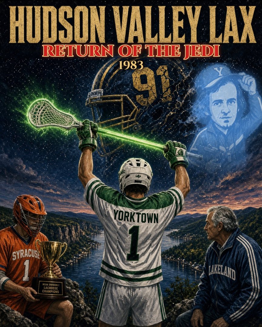 Hudson Valley Lax 1983 movie-poster parody: a Yorktown player raises a glowing lacrosse stick under a 91 helmet in the stars