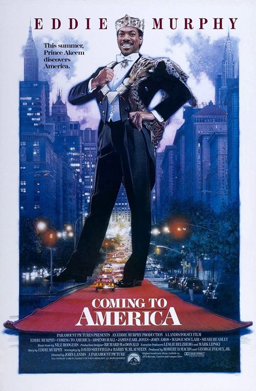 Original 1988 comedy movie poster: a crowned prince straddling a city street with a red carpet at his feet