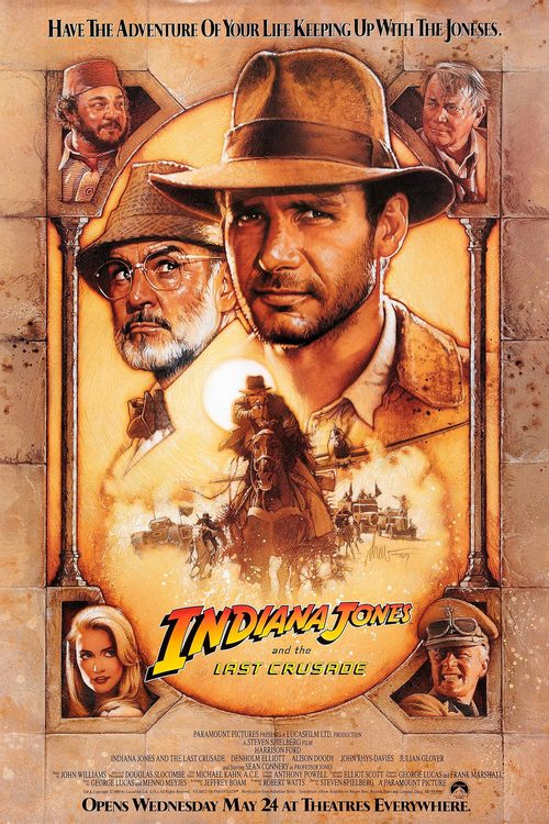Original 1989 adventure movie poster: painted portraits framed by a stone wall above a desert action scene