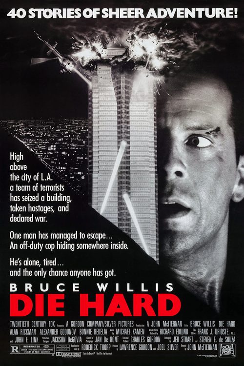 Original 1988 action movie poster: black-and-white tower explosion and a close-up face beside a red title