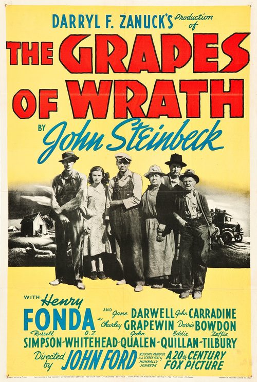Original 1940 movie poster: yellow background, red block title and a black-and-white strip of six grim figures