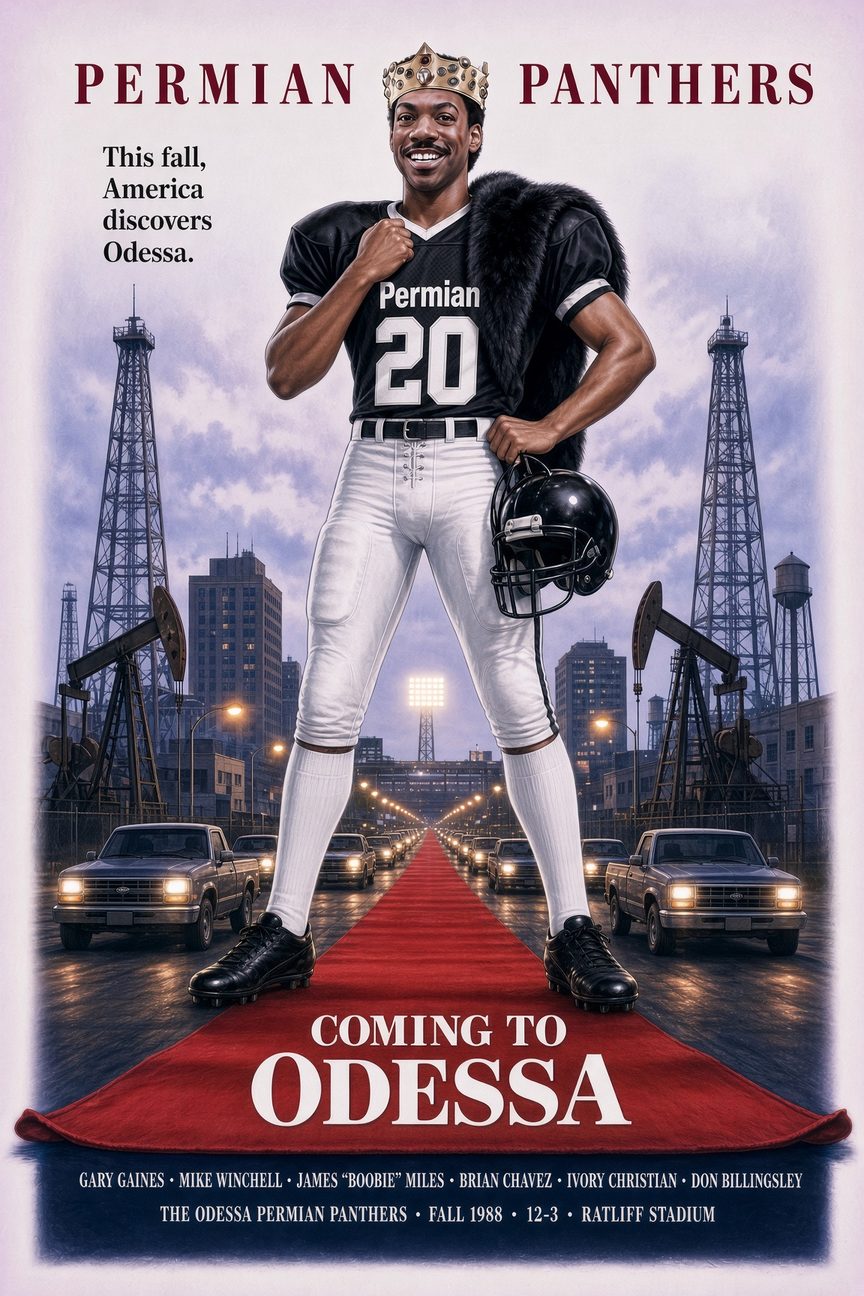 Coming to Odessa: Banner Years poster parody for Odessa Permian's 1988 football season, a crowned Panther player towering over West Texas oil country