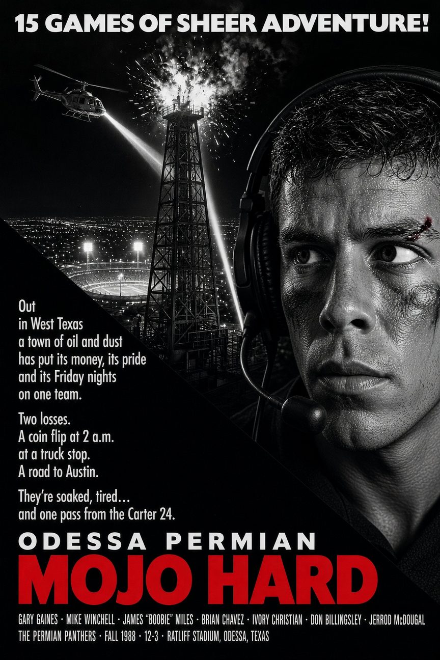 Mojo Hard: Banner Years poster parody for Odessa Permian's 1988 football season, an oil derrick erupting at night beside a red title