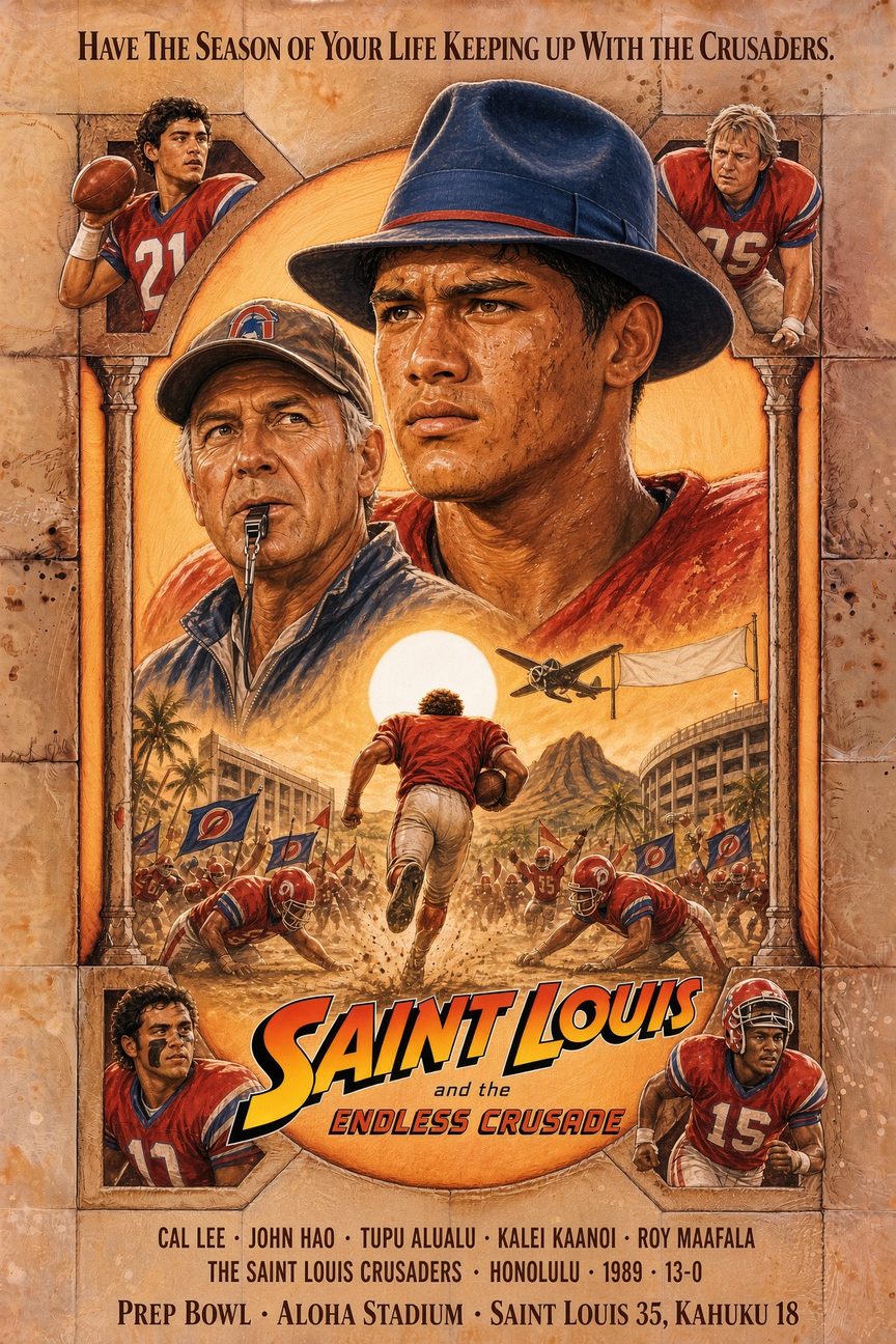 Saint Louis and the Endless Crusade: Banner Years poster parody for Saint Louis School's 1989 football season in Honolulu, 13-0