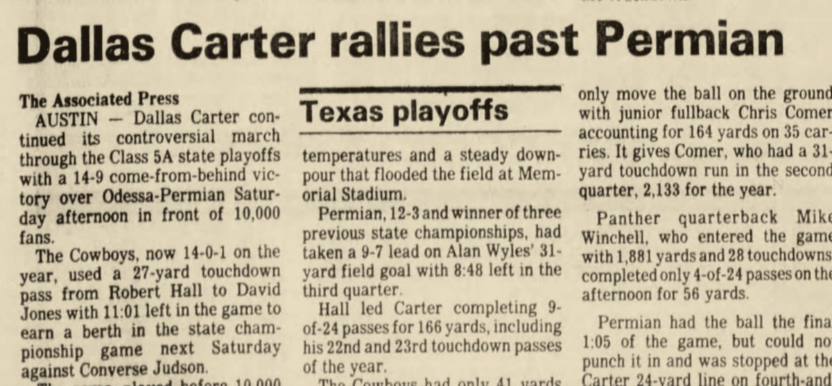 1988 newspaper clipping: Dallas Carter rallies past Permian, 14-9, in the Class 5A playoffs; Permian finished 12-3