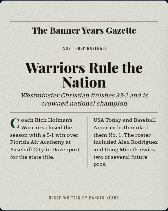 Banner Years Gazette front page: Warriors Rule the Nation, Westminster Christian finishes 33-2