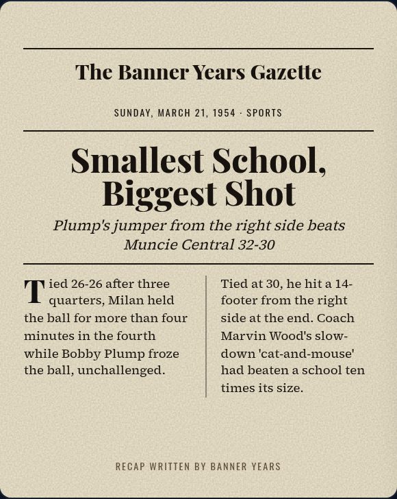 Banner Years Gazette front page: Smallest School, Biggest Shot, Milan beats Muncie Central 32-30