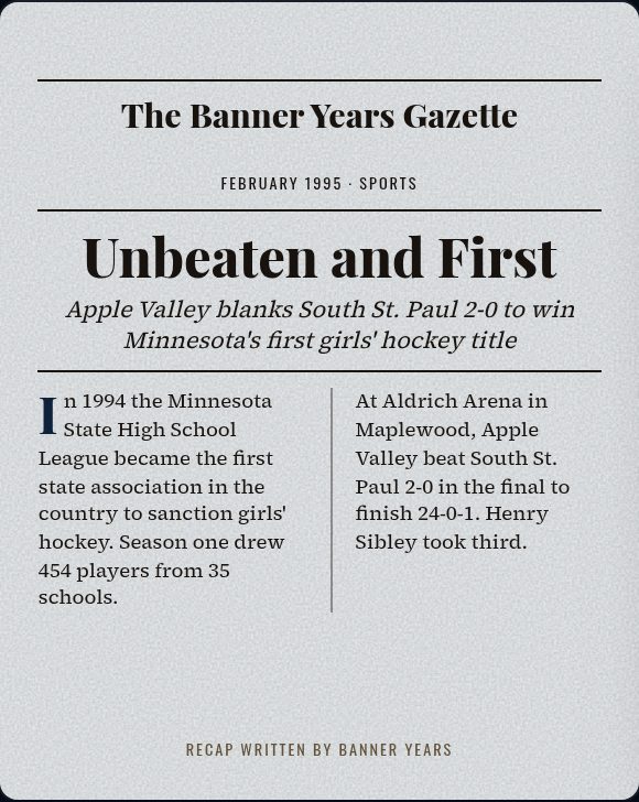 Banner Years Gazette front page: Unbeaten and First, Apple Valley wins Minnesota’s first girls’ hockey title