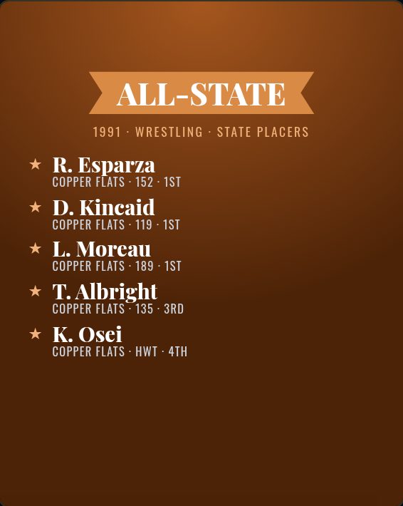 Sample All-State slide, 1991 wrestling state placers (invented names)
